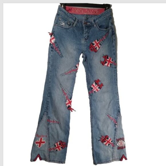 Pepe Jeans 31st ANNIVERSARY London Union Jack British Flag FLARED JEANS 25x29 - Picture 1 of 16